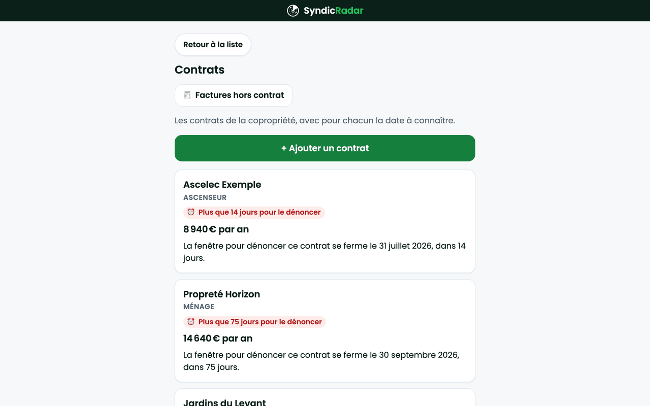 Radar des contrats de SyndicRadar : trois contrats avec leur montant annuel et le nombre de jours restants avant la fenêtre de dénonciation
