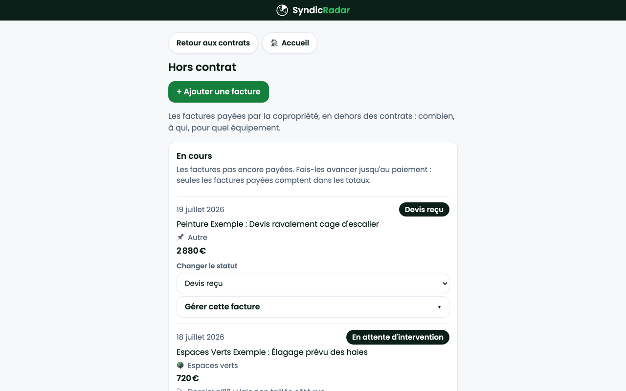 Suivi des dépenses hors contrat de SyndicRadar : un devis reçu et une facture en attente d'intervention, chacun avec son montant et son équipement